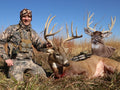 Giant whitetail buck bowhunting with heads up decoy